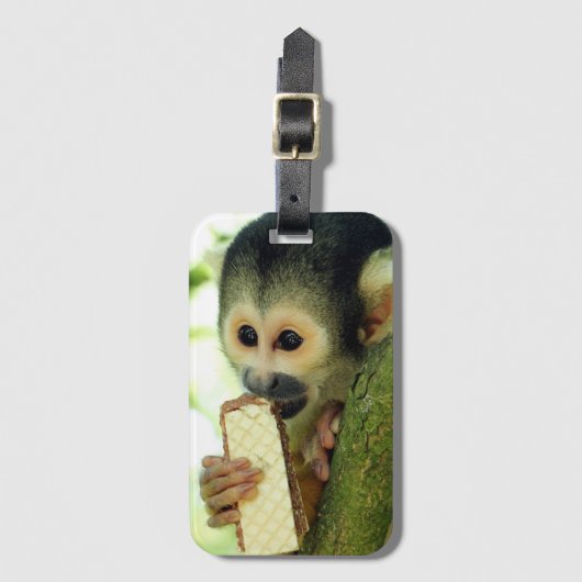 Cute Baby Squirrel Monkey die een Wafer Biscuit ee Bagagelabel (Voorkant (verticaal))