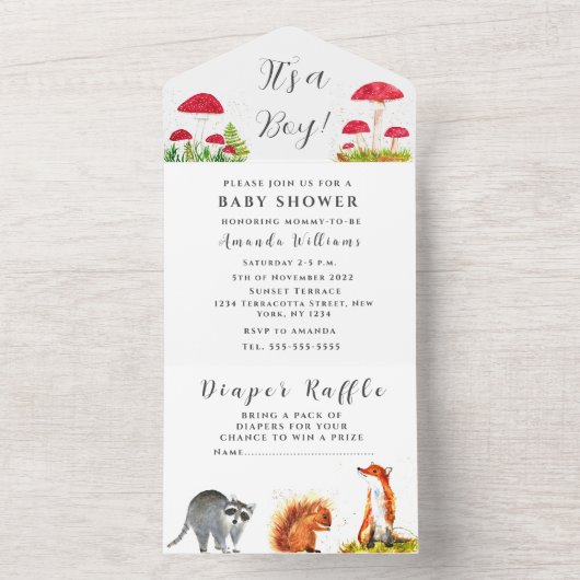 Cute Baby Squirrel Toadstool Fox Animal Waterverf All In One Uitnodiging (Binnen)