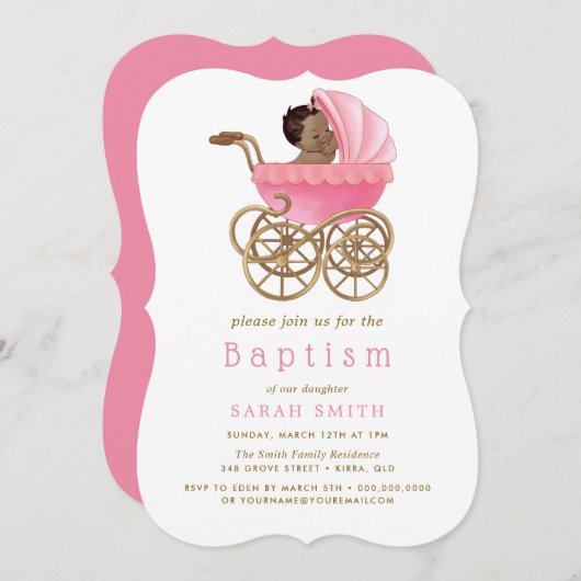 Cute Baby Stroller Pram Pink Baptism Christening Kaart (Voorkant / Achterkant)