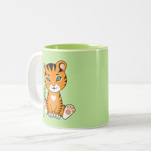 Cute Baby Tiger Animal Cartoon & Monogram op groen Tweekleurige Koffiemok (Voorkant links)