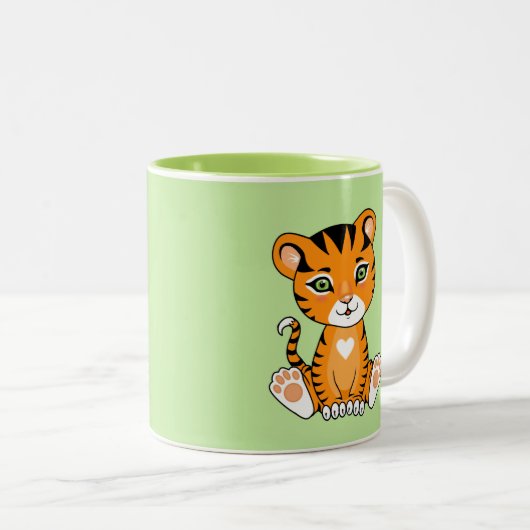 Cute Baby Tiger Animal Cartoon & Monogram op groen Tweekleurige Koffiemok (Voorkant rechts)