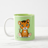 Cute Baby Tiger Animal Cartoon & Monogram op groen Tweekleurige Koffiemok (Links)