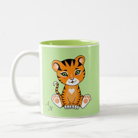 Cute Baby Tiger Animal Cartoon & Monogram op groen Tweekleurige Koffiemok (Links)