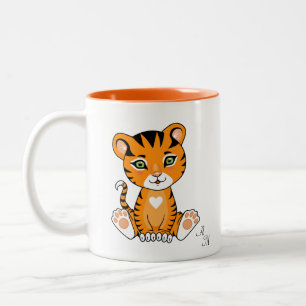 Cute Baby Tiger Animal Cartoon & Monogram Tweekleurige Koffiemok