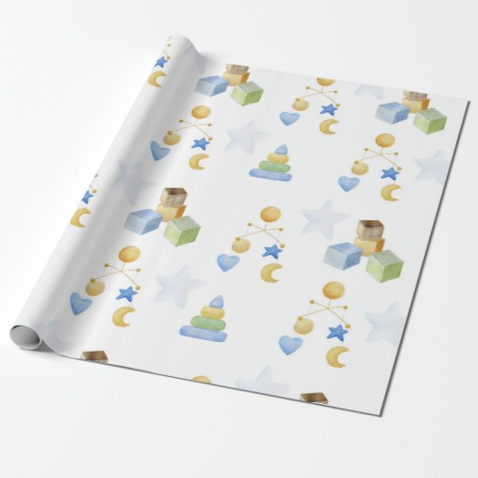 Cute Baby Toys Pattern Waterverf Baby shower Cadeaupapier (Uitgerold)