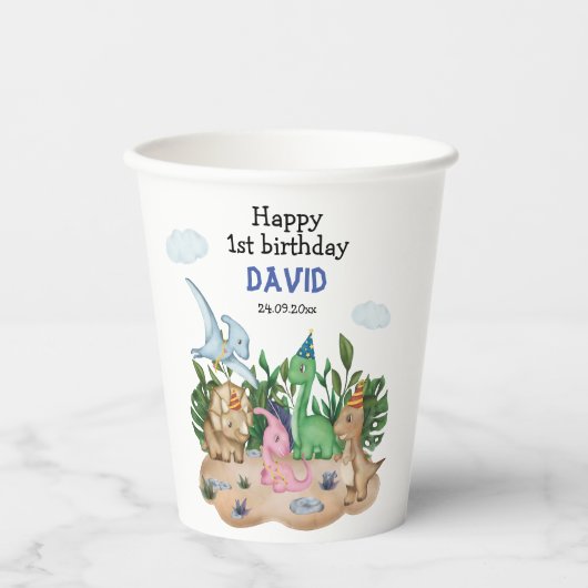 Cute baby tropische dinosaurussen! 1e verjaardag papieren bekers (Voorkant)