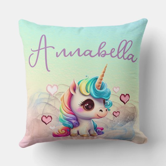 Cute Baby Unicorn en Hearts op regenboog Kussen (Achterkant)