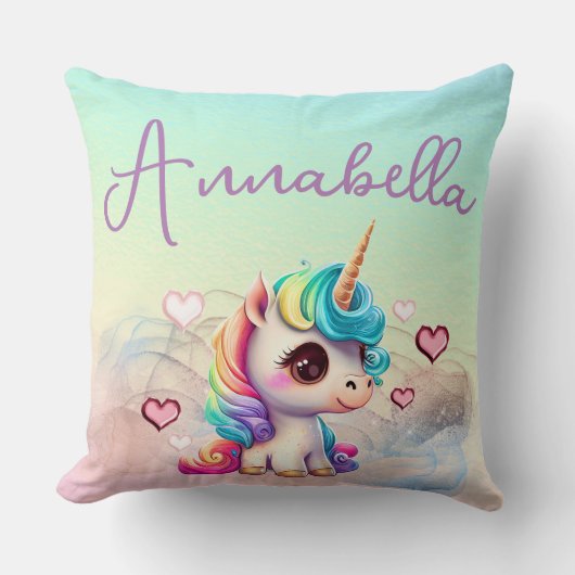 Cute Baby Unicorn en Hearts op regenboog Kussen (Voorkant)
