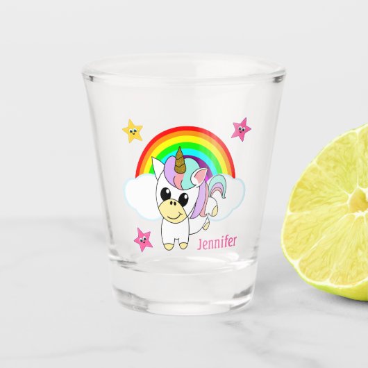Cute Baby Unicorn en Rainbows Shot Glas (Voorkant)