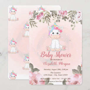 Cute Baby Unicorn, Floral Baby shower Invitation Kaart