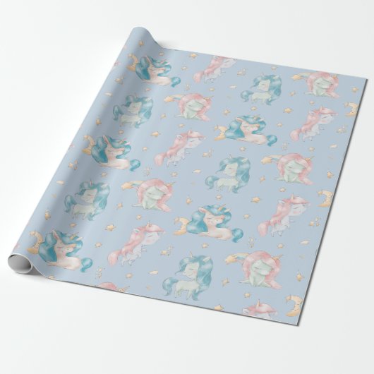 Cute Baby Unicorn Pink Blue Pastel Nursery Child Cadeaupapier (Uitgerold)