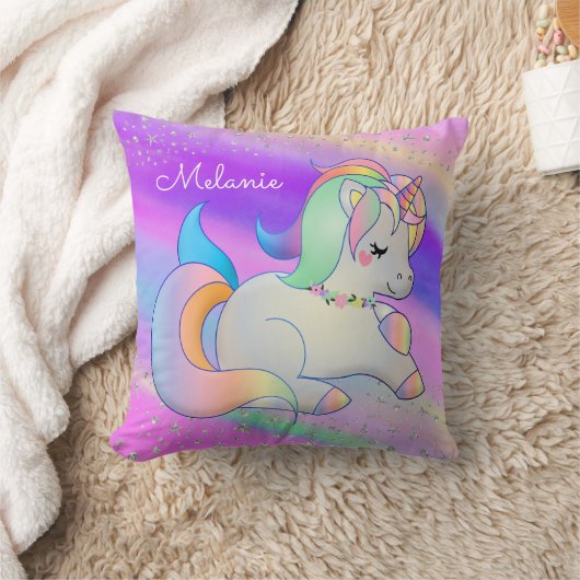 Cute Baby Unicorn Silver Stars Rainbow Kussen (Deken)