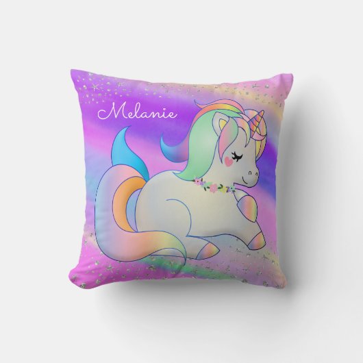 Cute Baby Unicorn Silver Stars Rainbow Kussen (Voorkant)