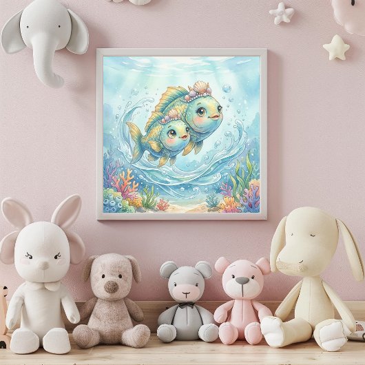 Cute Baby Vissen Zodiac Wandraam Poster
