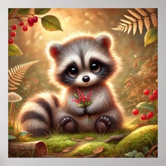 Cute Baby Wasbeer met Rode Bessen – Bos Voorgrond Poster