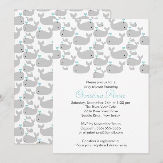Cute Baby Whale Baby Shower Invitations Kaart (Voorkant / Achterkant)