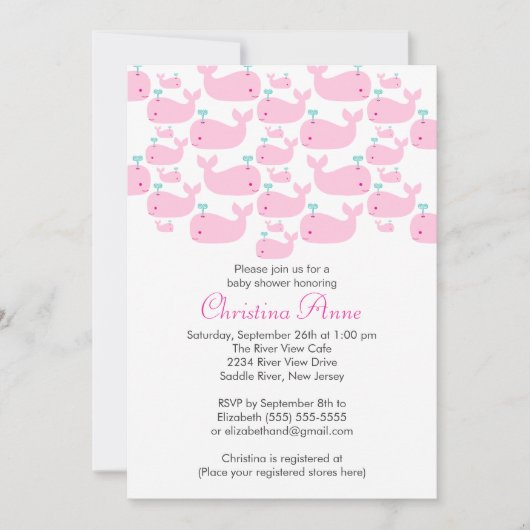 Cute Baby Whale Girl Baby Shower Invitations Kaart (Voorkant)