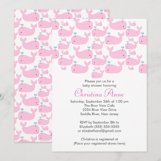 Cute Baby Whale Girl Baby Shower Invitations Kaart (Voorkant / Achterkant)