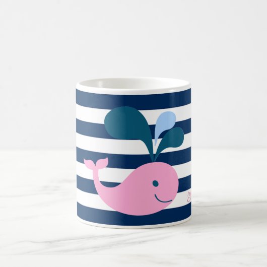 Cute Baby Whale, Navy Blue Stripes-Personalized Koffiemok (Center)
