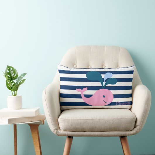 Cute Baby Whale, Navy Blue Stripes-Personalized Kussen (Stoel)
