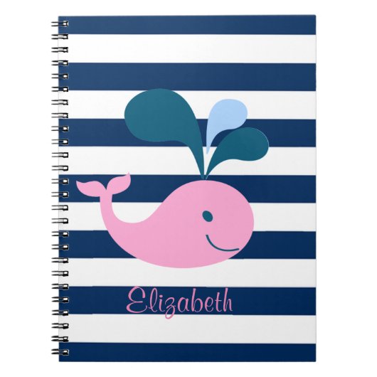 Cute Baby Whale, Navy Blue Stripes-Personalized Notitieboek (Voorkant)