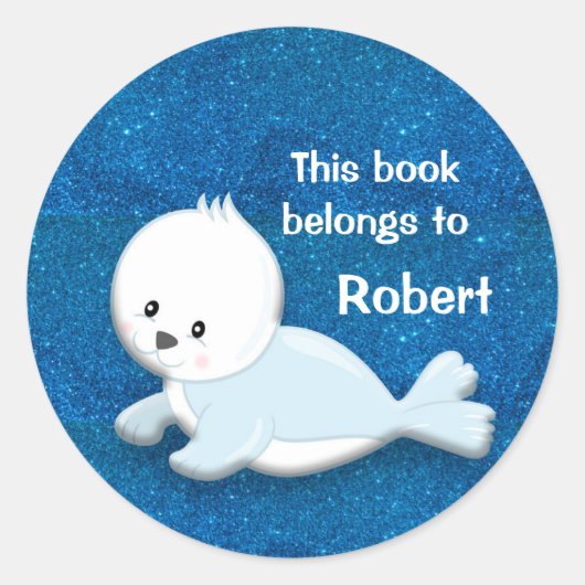 Cute Baby White Seal on Glittery Blue Ronde Sticker (Voorkant)