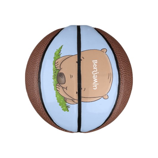 Cute baby wombat cartoon illustratie basketbal (Verticaal)