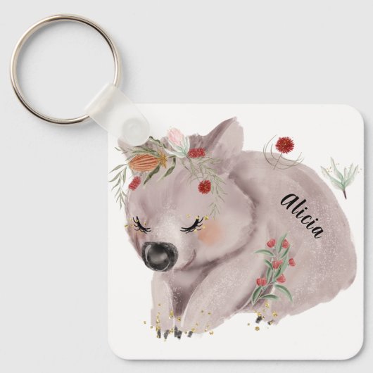 Cute Baby Wombat Gold Speckle Custom Name Sleutelhanger (Voorkant)