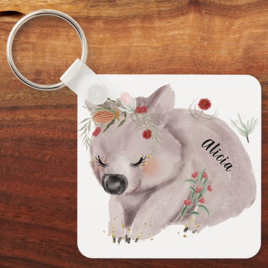 Cute Baby Wombat Gold Speckle Custom Name Sleutelhanger (Voorkant)