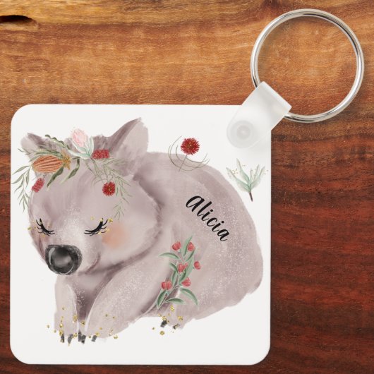 Cute Baby Wombat Gold Speckle Custom Name Sleutelhanger (Achterkant)
