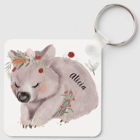 Cute Baby Wombat Gold Speckle Custom Name Sleutelhanger (Achterkant)