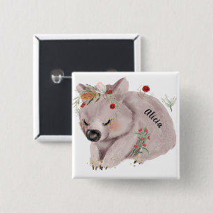 Cute Baby Wombat Gold Speckle Custom Name Vierkante Button 5,1 Cm