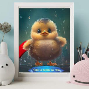 Cute Baby yellow Duck danst in de regen gepersonal Poster