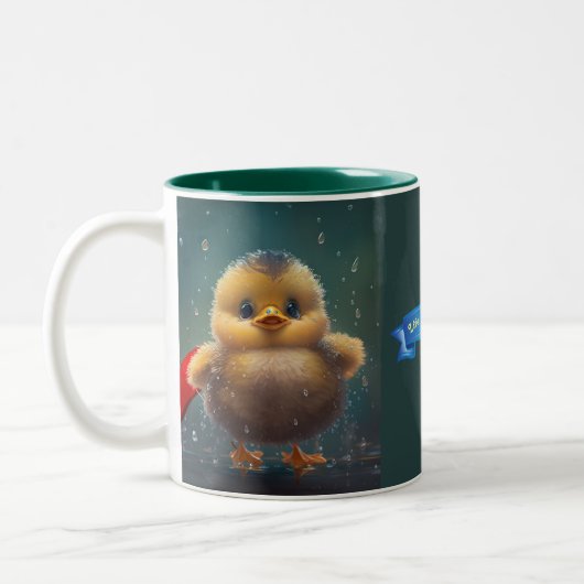 Cute Baby yellow Duck in Rain Quote Persoonlijk Tweekleurige Koffiemok (Links)