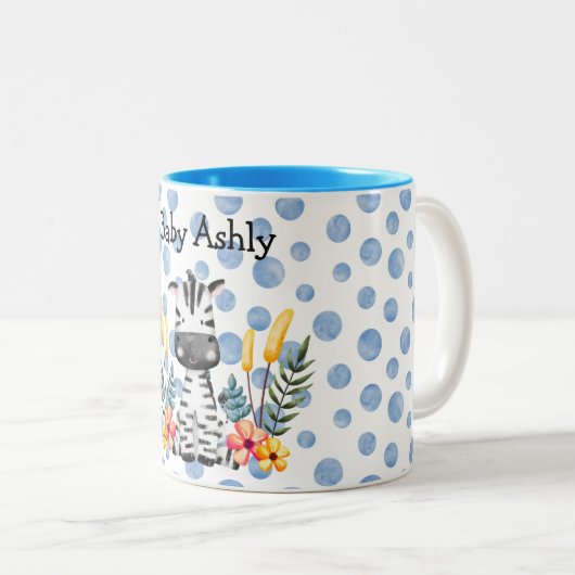 Cute Baby Zebra Flower Wreath Custom Baby Boy Name Tweekleurige Koffiemok (Voorkant rechts)