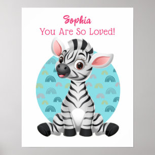 Cute Baby Zebra Kunst, Kindernaam & Bericht Poster