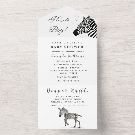 Cute Baby Zebra Safari Jingle Black Waterverf All In One Uitnodiging (Binnen)