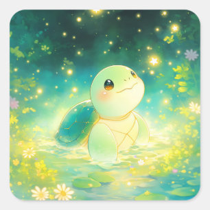 Cute Baby Zeeschildpad in Magische Glanzende Vijve Vierkante Sticker