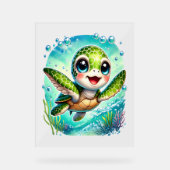 Cute Baby Zeeschildpad Zwemt in Oceaan Acryl Bord (Voorkant)