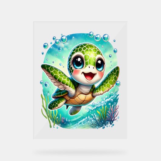 Cute Baby Zeeschildpad Zwemt in Oceaan Acryl Bord (Voorkant)