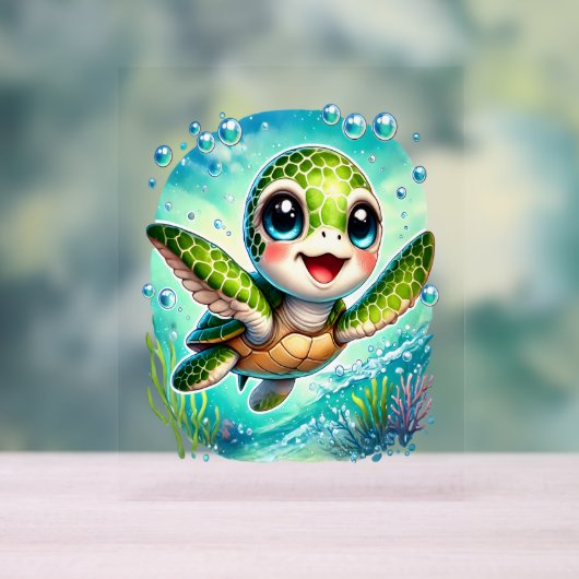 Cute Baby Zeeschildpad Zwemt in Oceaan Acryl Bord (Neutraal)