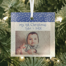 Cute Baby's 1' st Kerstblauw Baby Foto Glas Ornament