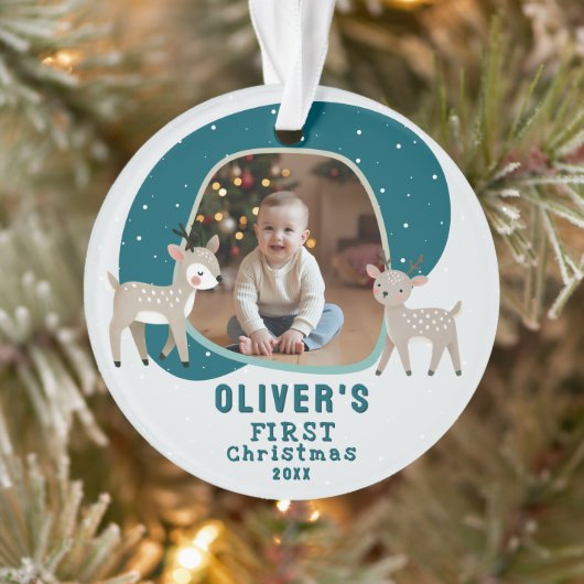 Cute Baby's 1e Kerstmis Foto Rendier Ornament (Boom)