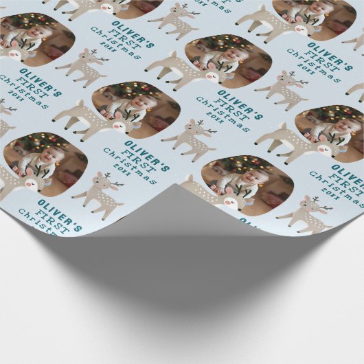 Cute Baby's 1st Christmas Photo Reindeer Cadeaupapier (Hoek)