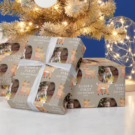 Cute Baby's 1st Christmas Photo Reindeer Cadeaupapier (Feestdagen)