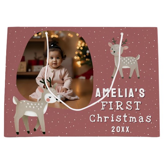 Cute Baby's 1st Christmas Photo Reindeer Groot Cadeauzakje (Voorkant)