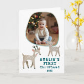 Cute Baby's 1st Christmas Photo Reindeer Holiday Kaart (Gele Bloem)