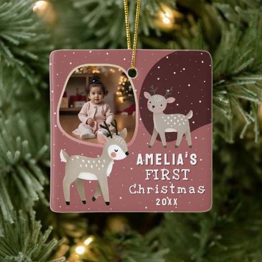 Cute Baby's 1st Christmas Photo Reindeer Keramisch Ornament (Boom)