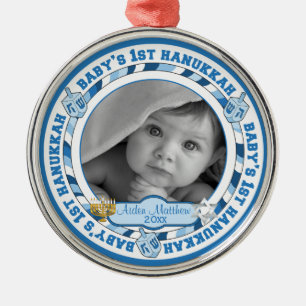 Cute Baby's 1st Hanukkah Dreidels Foto Name Metalen Ornament