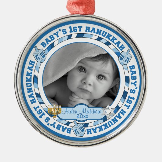Cute Baby's 1st Hanukkah Dreidels Foto Name Metalen Ornament (Voorkant)